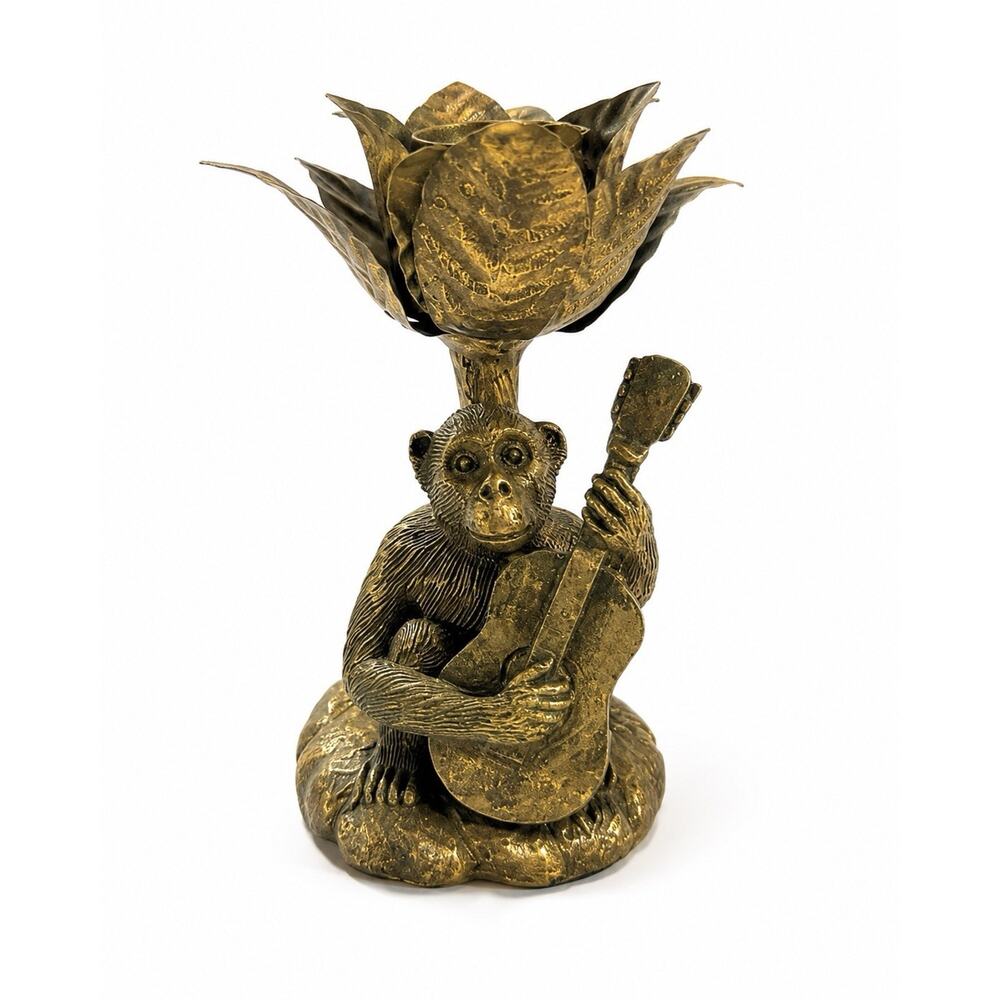 Vintage Monkey Guitar Candle Holder Metal Flower Lotus Candlestick 7” Boho